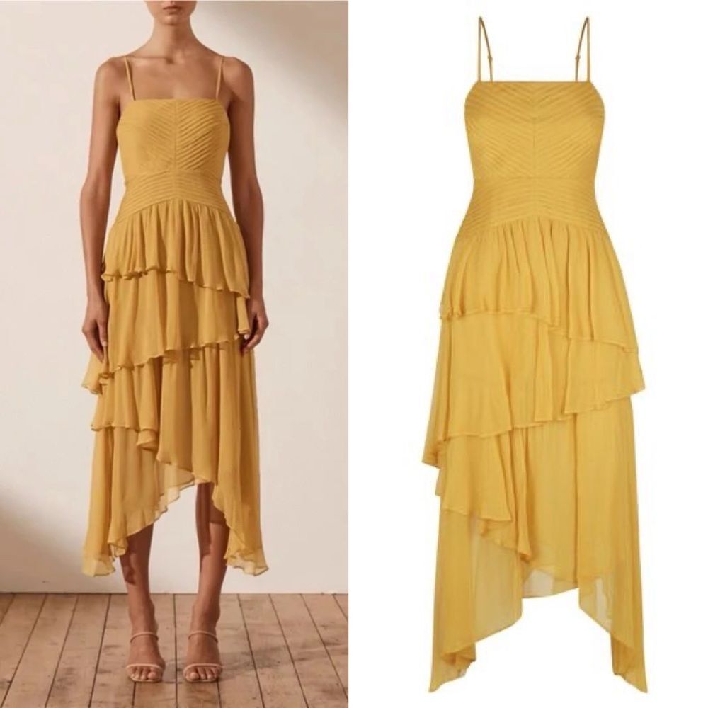 NEW Shona Joy Iris Pin Tuck Frill Midi Dress in Saffron Yellow Size 8 AUS 12 NWT